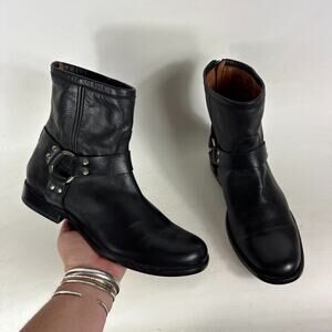 Frye Phillip Harness Short Boots Women 8 Black Leather Ankle Block Heel Back Zip